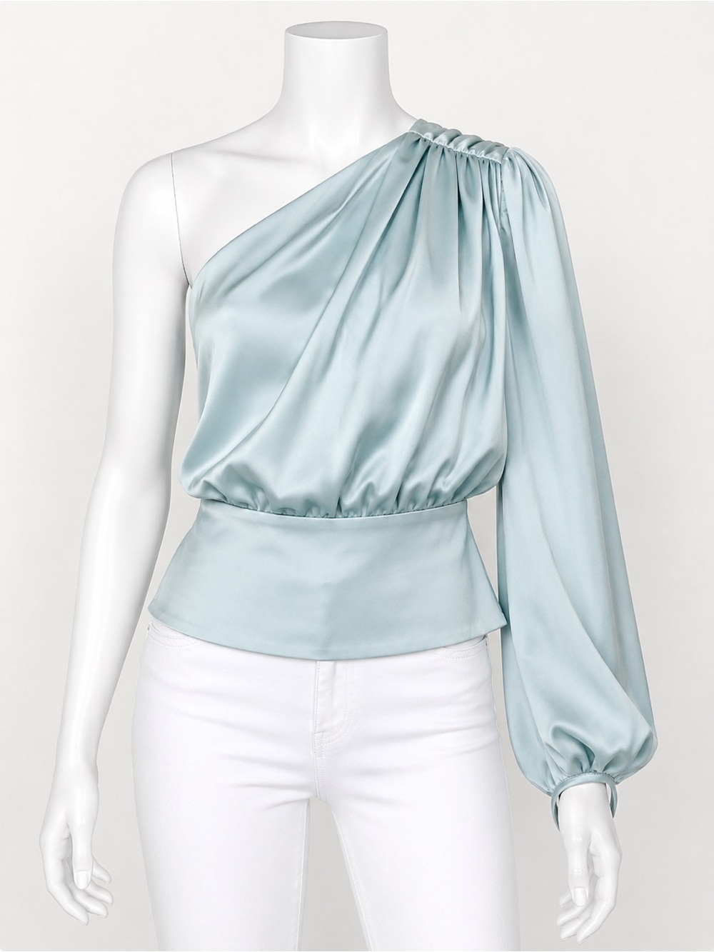 ZARA Satin One Shoulder Draped Blouse Light Blue Puff Sleeve Top L NWT